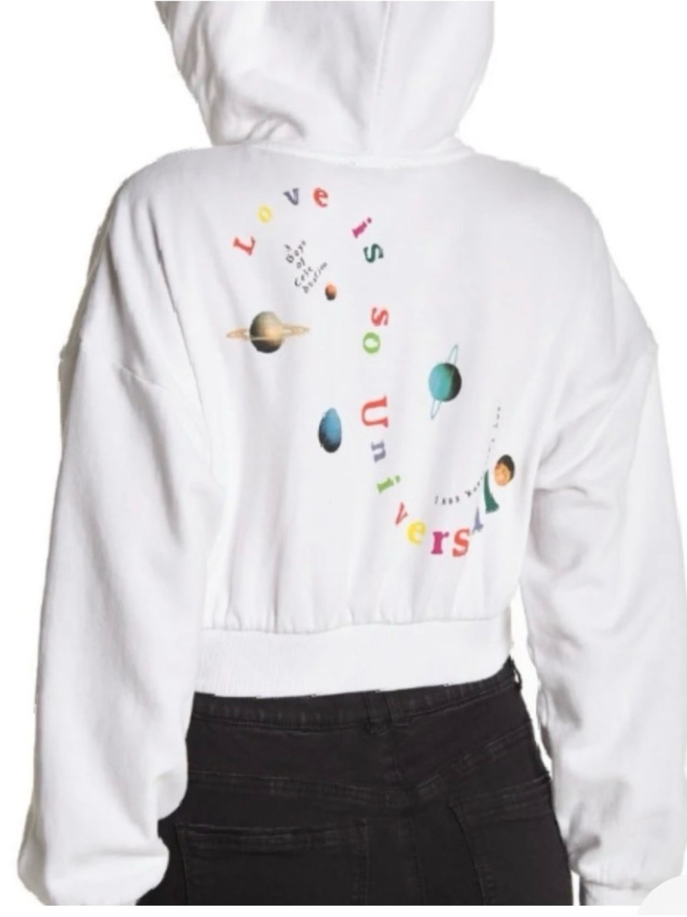 True Religion White Cropped Hoodie with Colorful Love Is Universal jogger